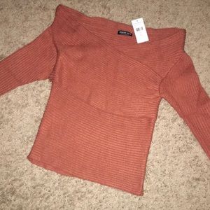 Burnt orange off the shoulder sweater